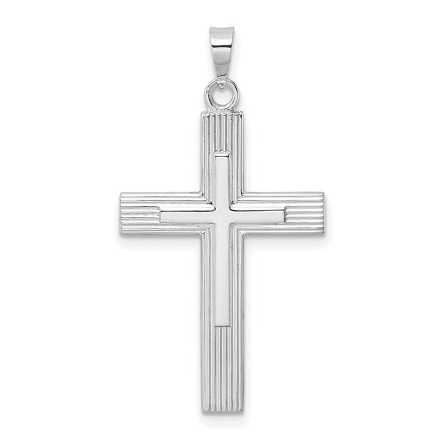 14k White Gold Cross Pendant with Beveled Edge and Lined Detail, Modern Religious Jewelry