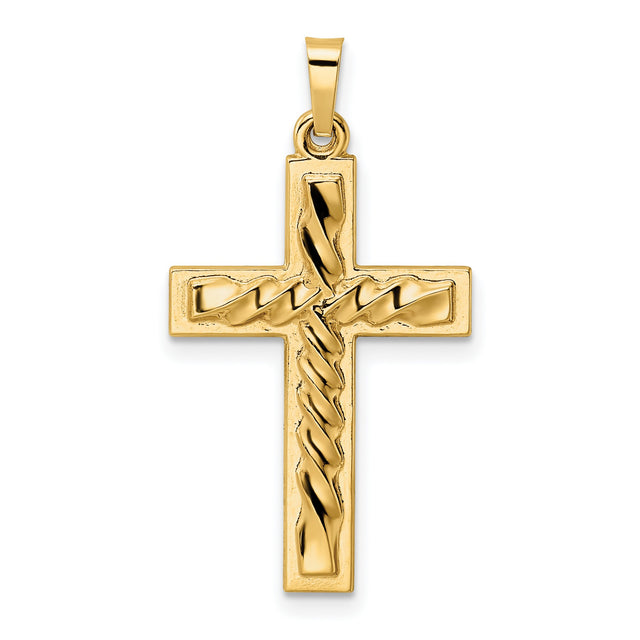 14k Yellow Gold Cross Pendant with Twisted Rope Center Design, Christian Religious Charm