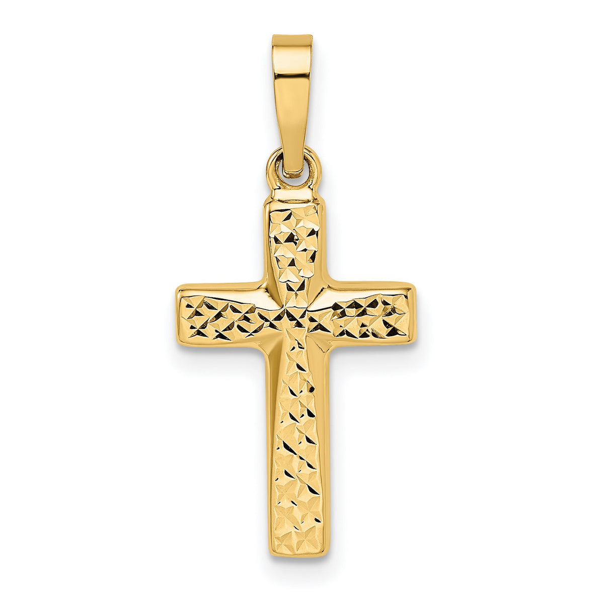 14k Yellow Gold Cross Pendant, Textured Diamond Cut Christian Charm for Men or Women