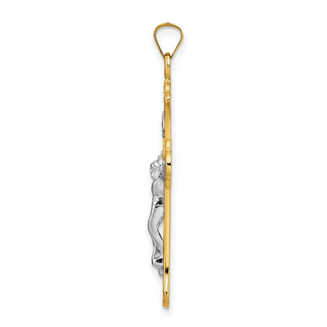 14k Multi-Tone Gold Crucifix Cross Pendant with INRI, Baroque Scrollwork, Fleur de Lis