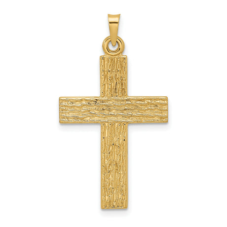 14k Yellow Gold Cross Pendant with Textured Woodgrain Finish, Rugged Christian Jewelry for Men or Women