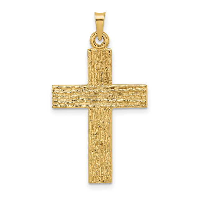 14k Yellow Gold Cross Pendant with Textured Woodgrain Finish, Rugged Christian Jewelry for Men or Women