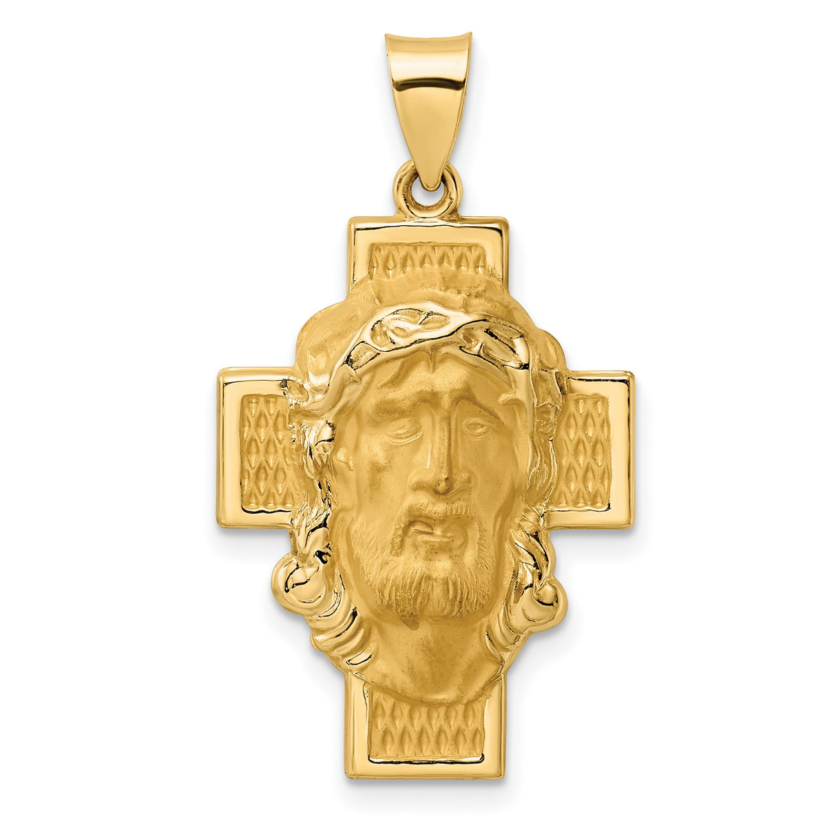 14k Yellow Gold Jesus Face Pendant with Crown of Thorns on Textured Cross Background