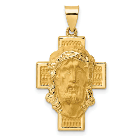 14k Yellow Gold Jesus Face Pendant with Crown of Thorns on Textured Cross Background