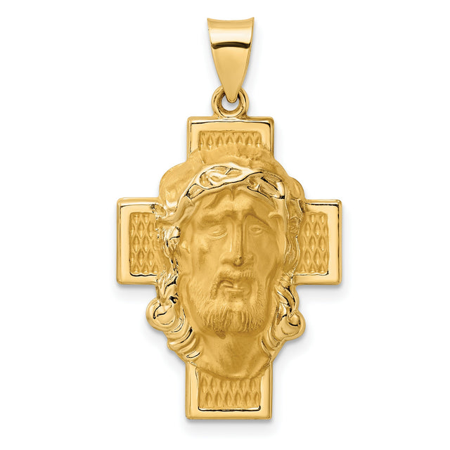14k Yellow Gold Jesus Face Pendant with Crown of Thorns on Textured Cross Background