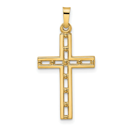 14k Yellow Gold Cross Pendant with Open Design and Beaded Texture, Religious Jewelry
