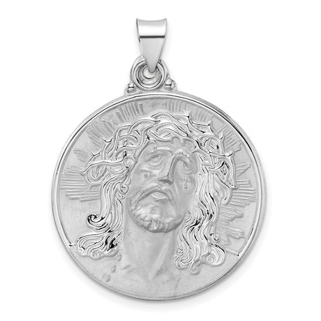 14k White Gold Jesus Face Pendant with Halo and Crown of Thorns Religious Medallion