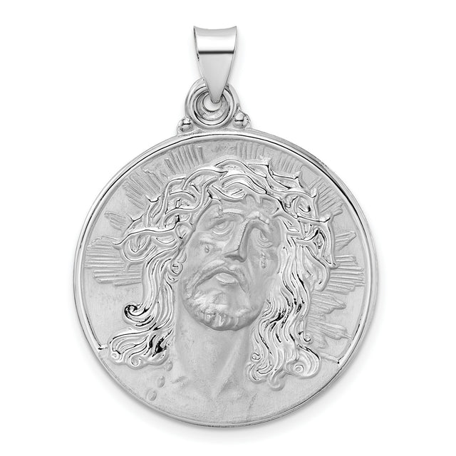 14k White Gold Jesus Face Pendant with Halo and Crown of Thorns Religious Medallion