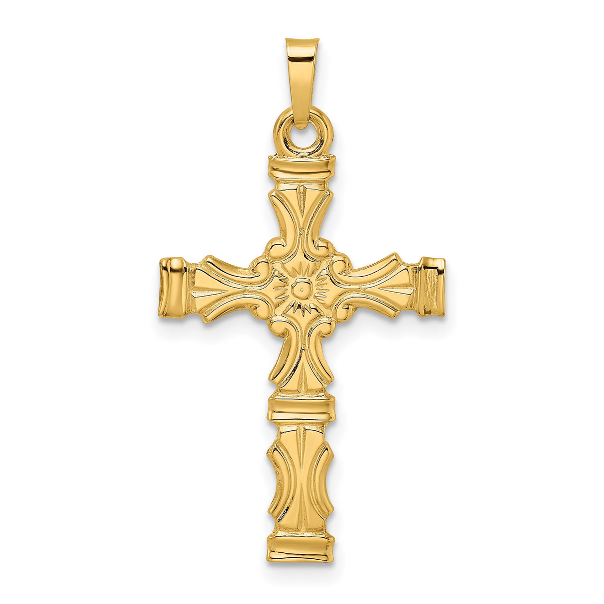 14k Yellow Gold Sunburst Cross Pendant with Floral Detailing for Women or Unisex Wear