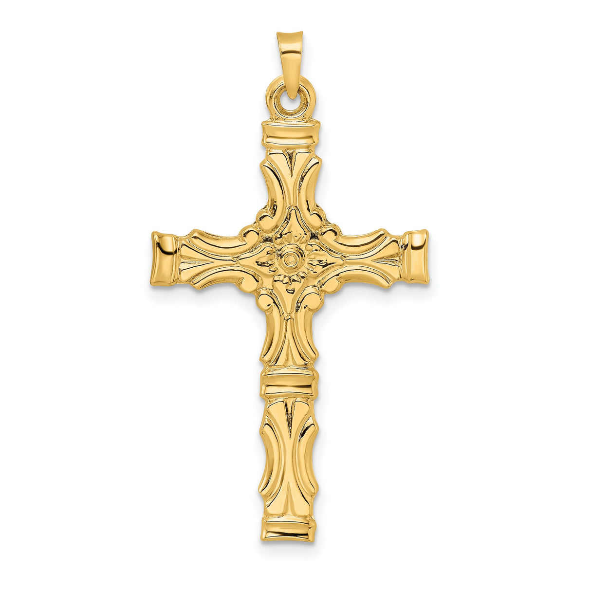 14k Yellow Gold Cross Pendant with Baroque Detailing and Floral Motif for Women