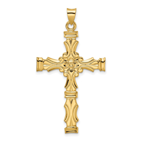 14k Yellow Gold Cross Pendant with Floral Center, Ornate Christian Religious Charm for Women