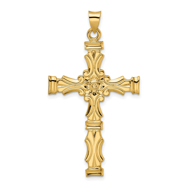 14k Yellow Gold Cross Pendant with Floral Center, Ornate Christian Religious Charm for Women