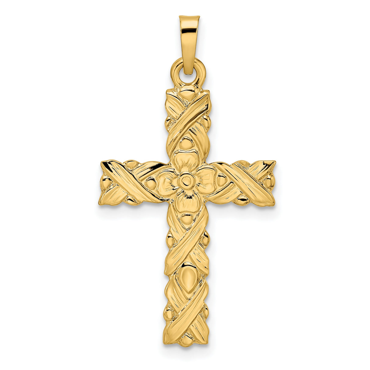 14k Yellow Gold Cross Pendant with Floral and Vine Detailing for Women
