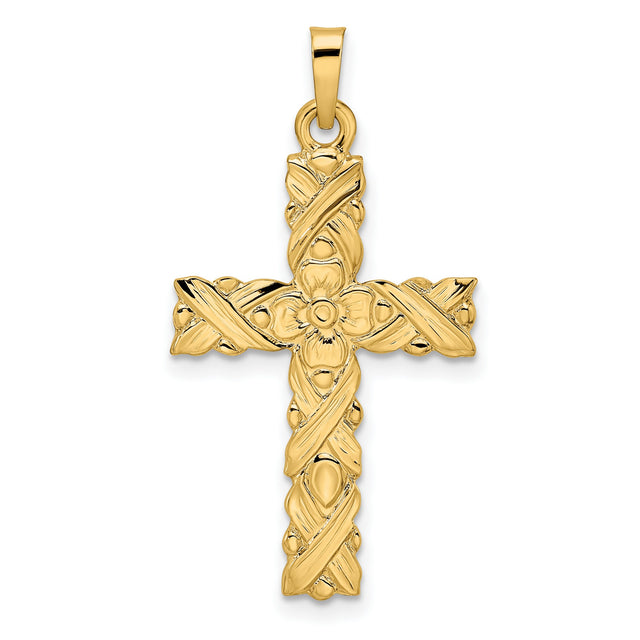 14k Yellow Gold Cross Pendant with Floral and Vine Detailing for Women