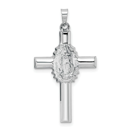 14k White Gold Cross Pendant with Our Lady of Guadalupe Engraving, Polished and Satin Finish
