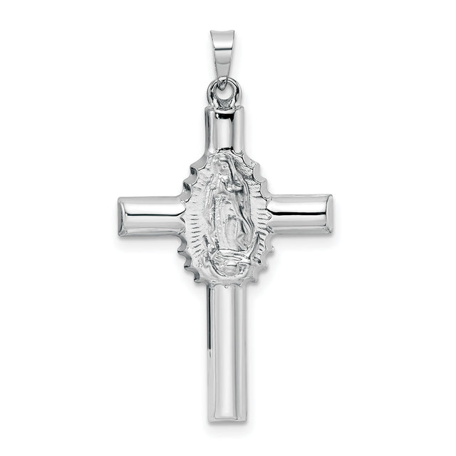 14k White Gold Cross Pendant with Our Lady of Guadalupe Engraving, Polished and Satin Finish