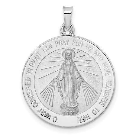 14k White Gold Miraculous Medal Pendant with Virgin Mary and Inscription