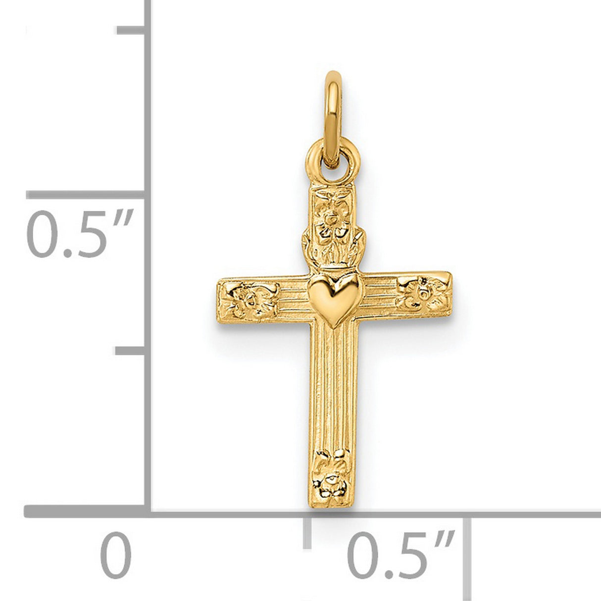 14k Yellow Gold Cross Pendant with Floral Engravings and Heart Center, Christian Religious Charm