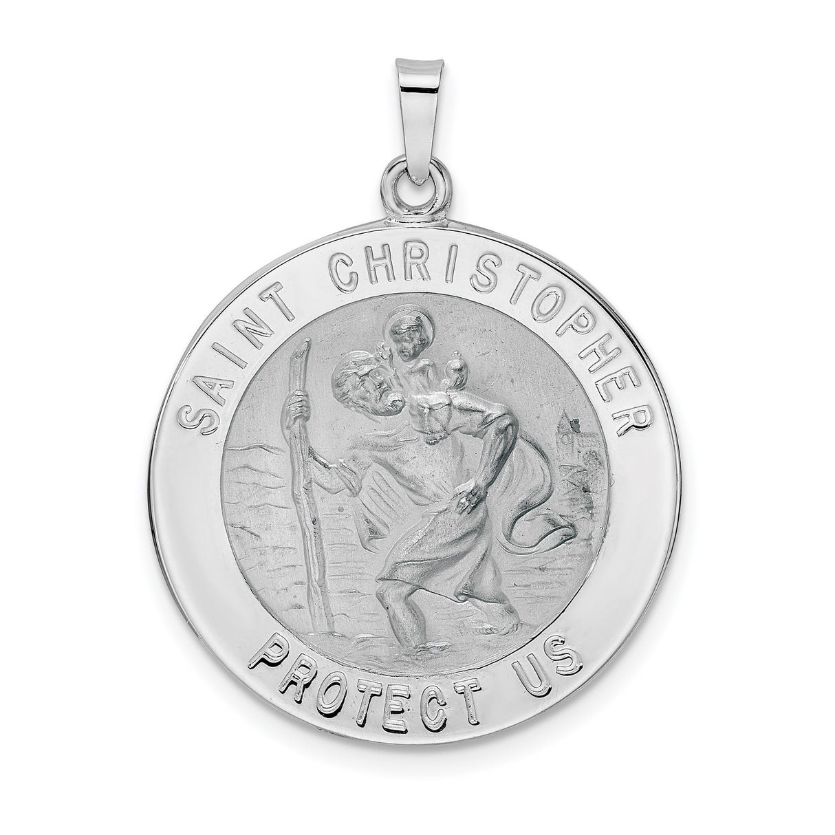 Polished Saint Christopher Solid Medal Charm Pendant in Real 14k White Gold