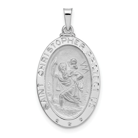 Polished Oval Solid Saint Christopher Medal Charm Pendant in Real 14k White Gold