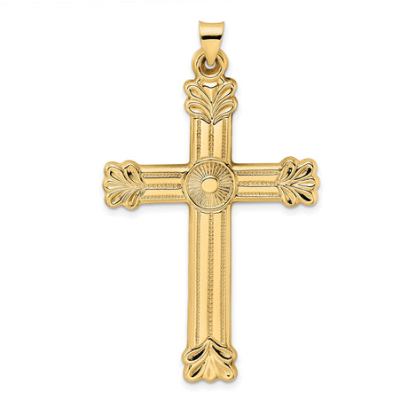 14k Yellow Gold Cross Pendant with Flared Leaf Tips and Sunburst Center