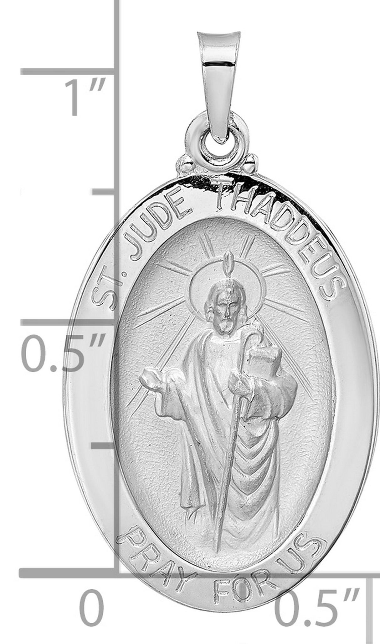 14k White Gold St. Jude Thaddeus Oval Pendant with Halo and Staff Inscription