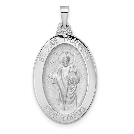 14k White Gold St. Jude Thaddeus Oval Pendant with Halo and Staff Inscription