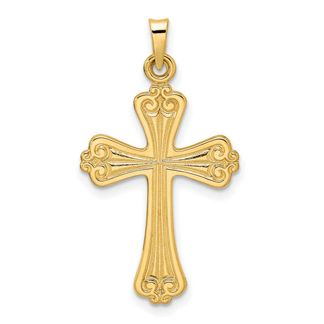 14k Yellow Gold Cross Pendant with Fleur-de-Lis Detailing, Catholic Religious Jewelry for Women