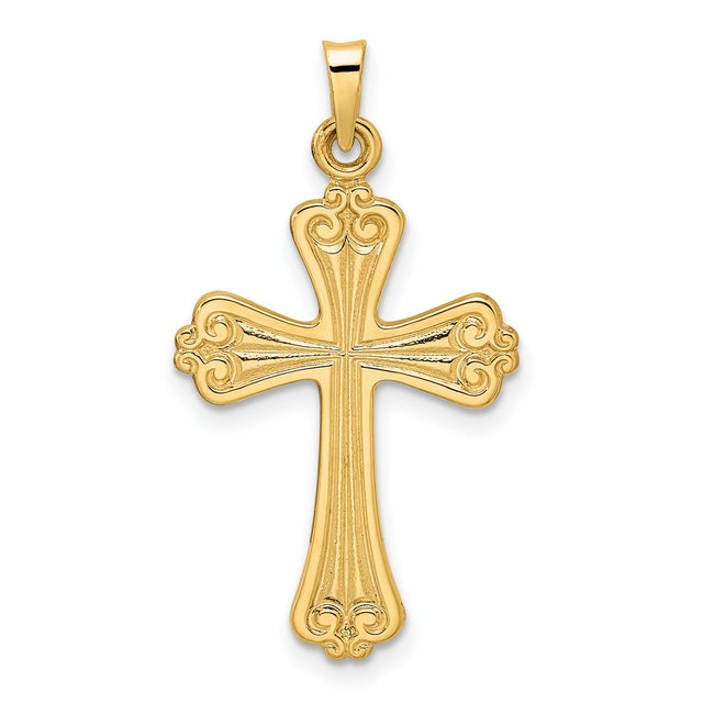 14k Yellow Gold Cross Pendant with Fleur-de-Lis Detailing, Catholic Religious Jewelry for Women