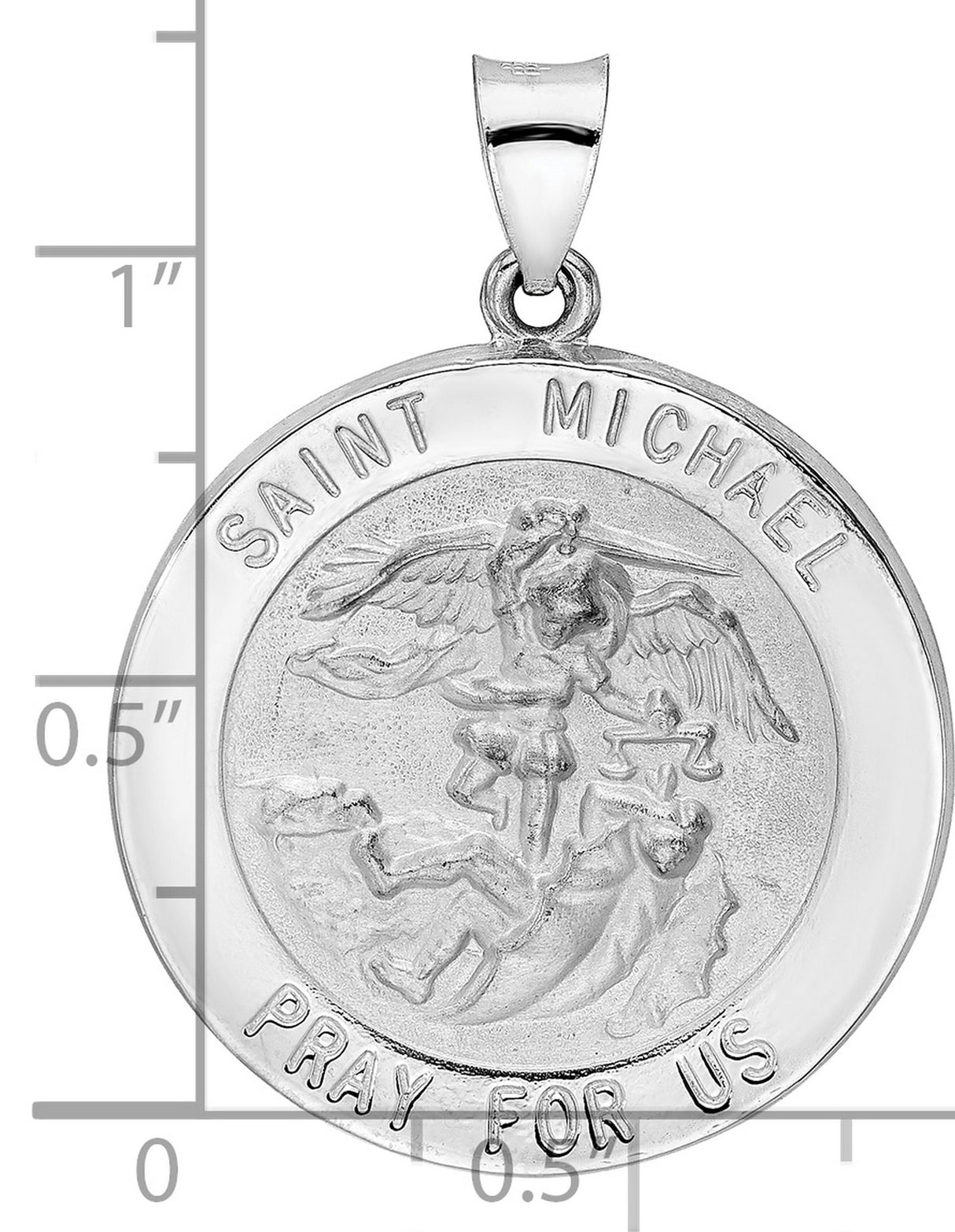14k White Gold Saint Michael Pendant with Satin Finish and Hollow Back