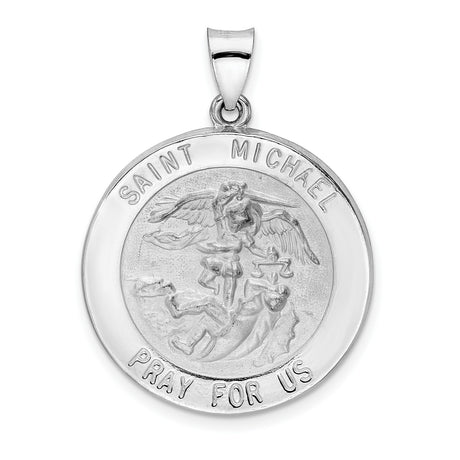 14k White Gold Saint Michael Pendant with Satin Finish and Hollow Back