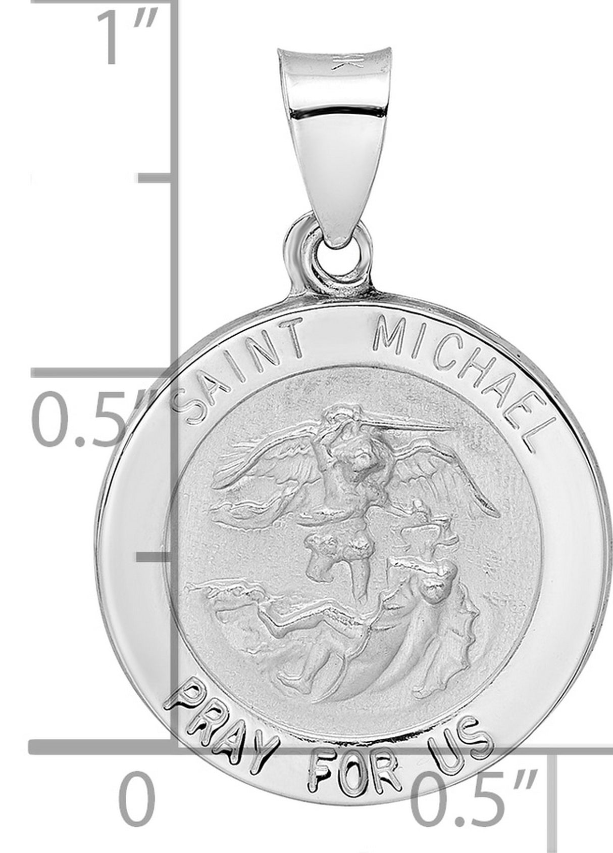 14k White Gold Saint Michael Pendant, Archangel Medal with Pray for Us Inscription