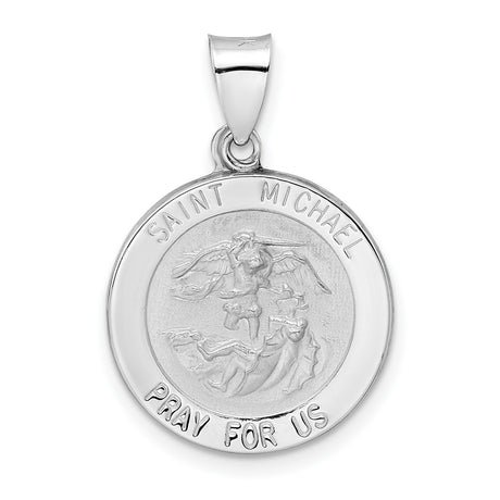14k White Gold Saint Michael Pendant, Archangel Medal with Pray for Us Inscription
