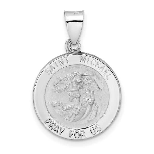 14k White Gold Saint Michael Pendant, Archangel Medal with Pray for Us Inscription
