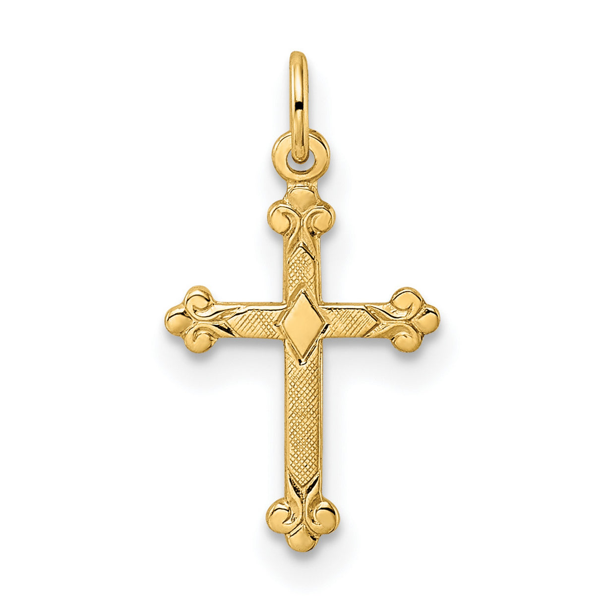 14k Yellow Gold Cross Pendant with Fleur-de-Lis Ends and Diamond Pattern Center