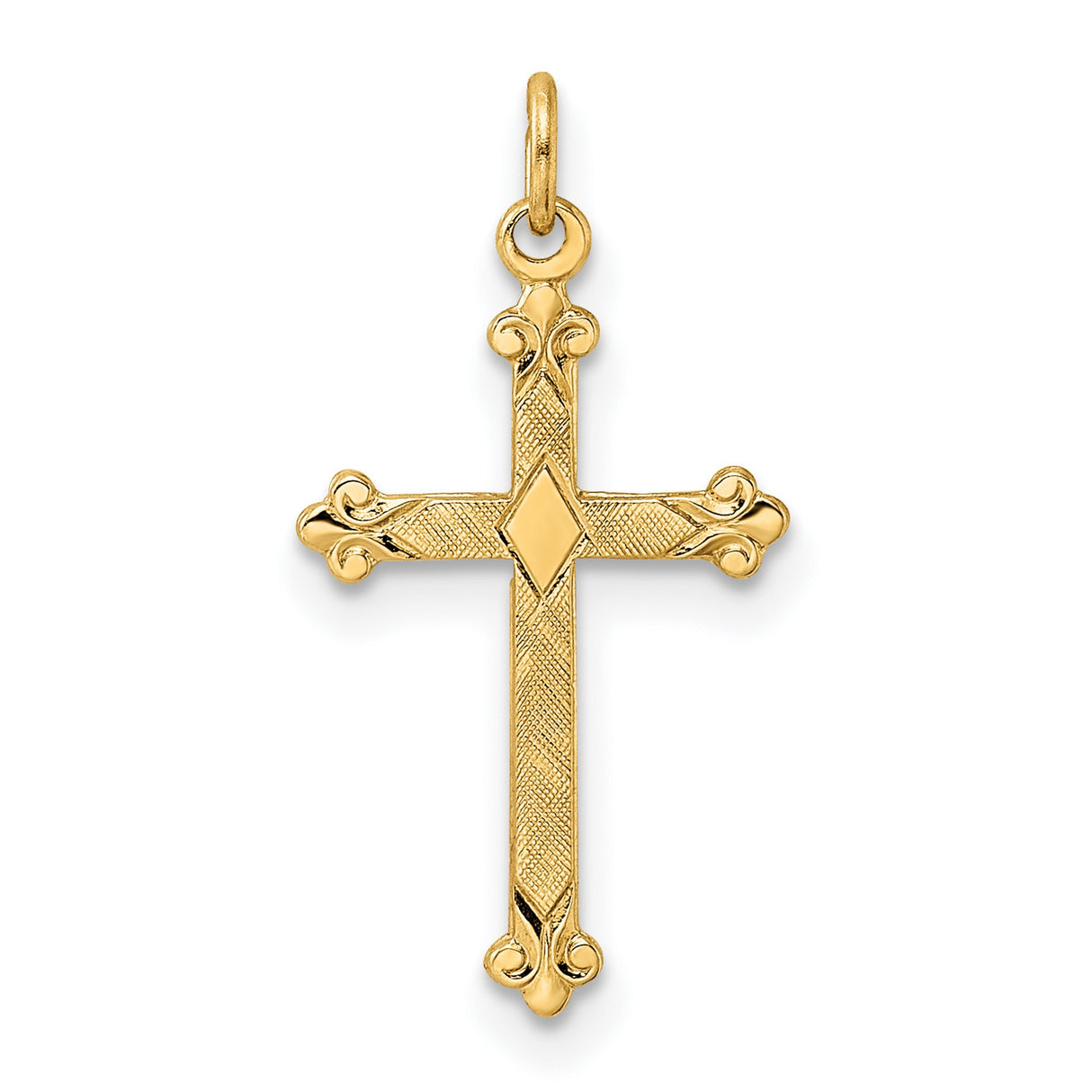 14k Yellow Gold Cross Pendant with Ornate Detailing and Diamond Shape Accent