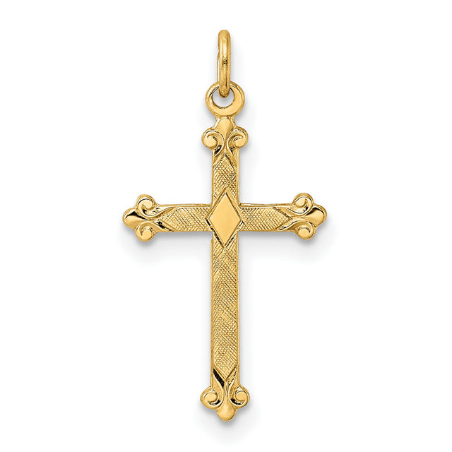 14k Yellow Gold Cross Pendant with Ornate Detailing and Diamond Shape Accent