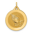 14k Yellow Gold Praying Hands Disc Pendant, Christian Religious Charm, Polished Satin Finish