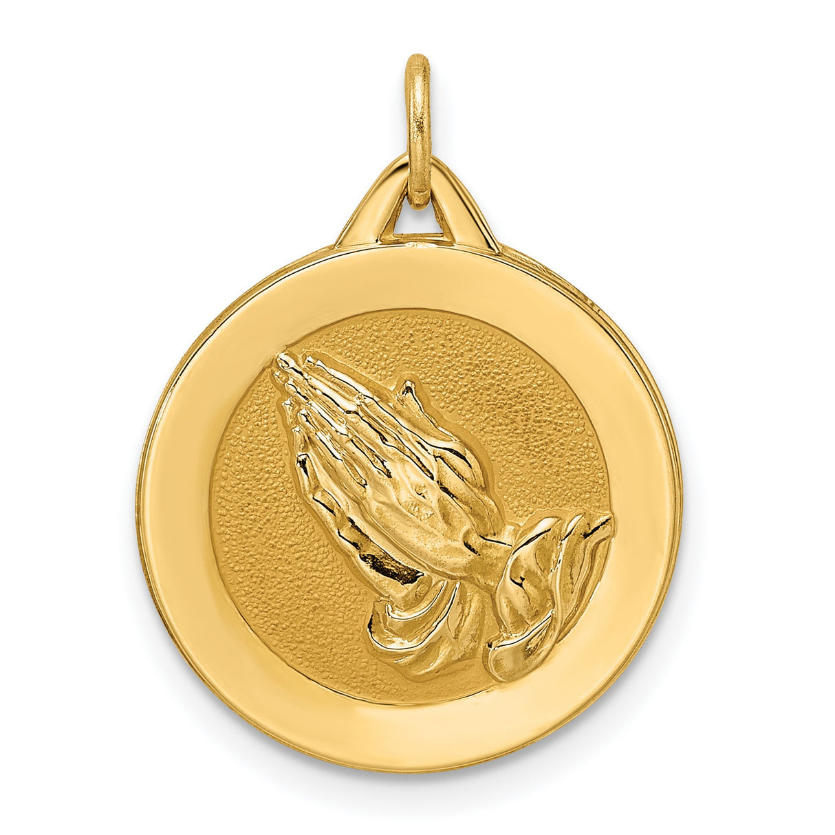 14k Yellow Gold Praying Hands Disc Pendant, Christian Religious Charm, Polished Satin Finish