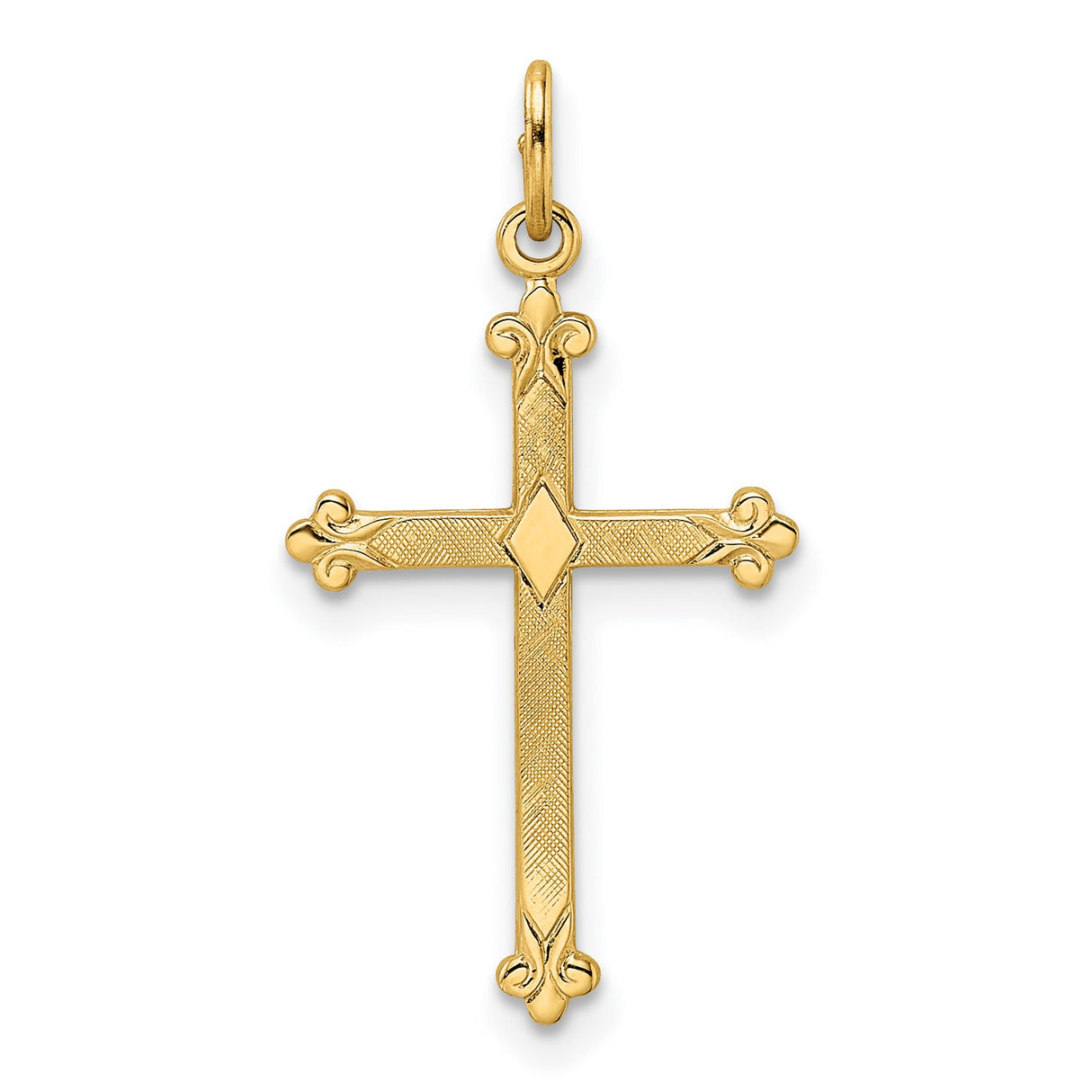 14k Yellow Gold Fleur-de-Lis Cross Pendant with Diamond Accent, Ornate Religious Jewelry for Women