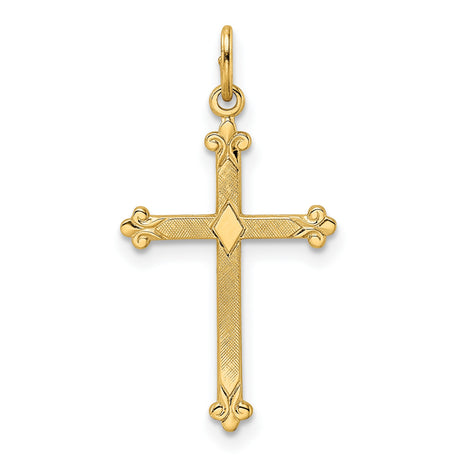 14k Yellow Gold Fleur-de-Lis Cross Pendant with Diamond Accent, Ornate Religious Jewelry for Women