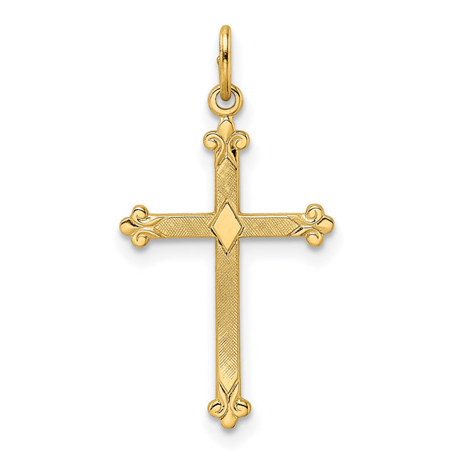 14k Yellow Gold Fleur-de-Lis Cross Pendant with Diamond Accent, Ornate Religious Jewelry for Women