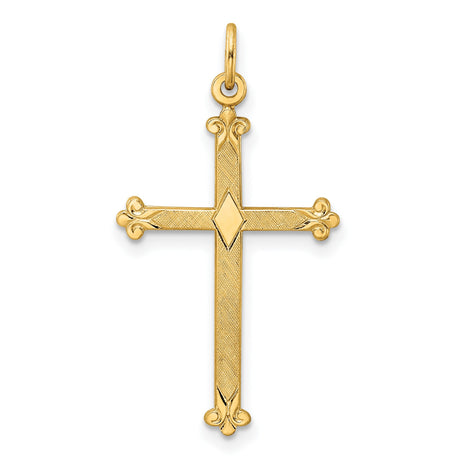 14k Yellow Gold Cross Pendant with Diamond Accent, Fleur-de-Lis Tips, Ornate Religious Design