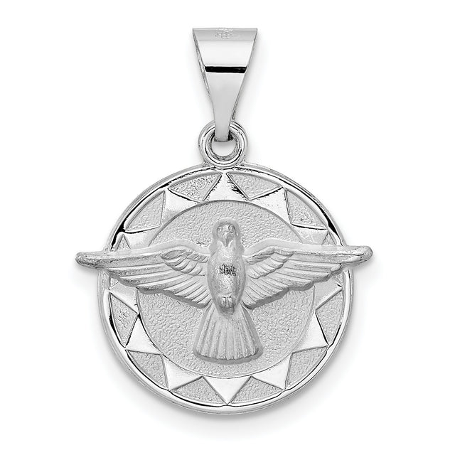14k White Gold Holy Spirit Pendant with Raised Dove and Sunburst Design