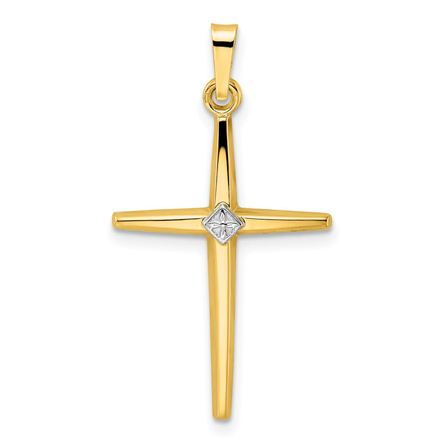 Polished Solid Diamond Shape Center Cross Charm Pendant in Real 14k Multi-Tone Gold