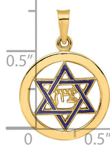 14k Yellow Gold Pendant with Blue Enamel Star of David and Hebrew Chai Symbol