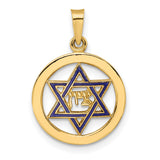14k Yellow Gold Pendant with Blue Enamel Star of David and Hebrew Chai Symbol