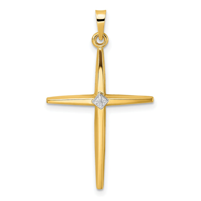 Polished Solid Diamond Shape Center Cross Charm Pendant in Real 14k Multi-Tone Gold