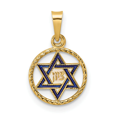 14k Yellow Gold Pendant with Blue Enamel Star of David and Hebrew Engraving