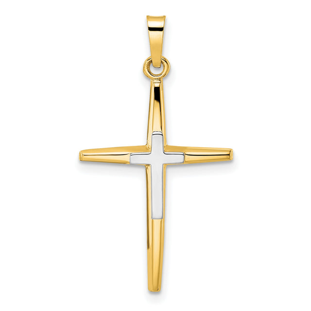 Polished Solid Double Cross Charm Pendant in Real 14k Multi-Tone Gold